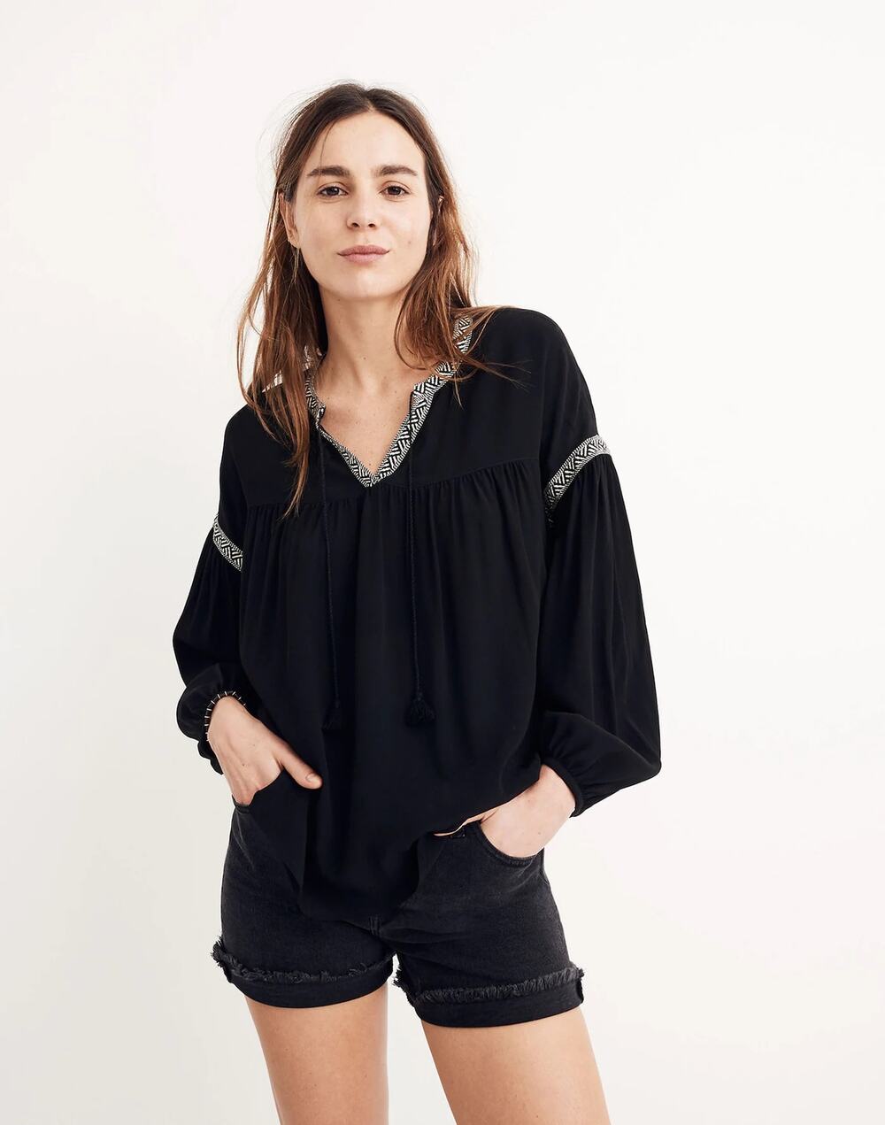Madewell True Black & White Trim Peasant Blouson-Sleeve Top Womens Medium